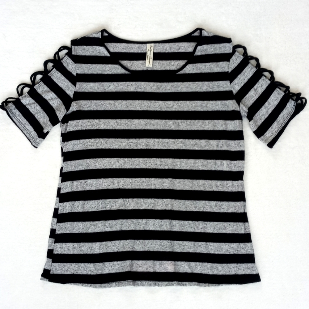 PerSeption Concepts Black & Grey Stripe Rayon Cut Out Short Sleeve Blouse Top L